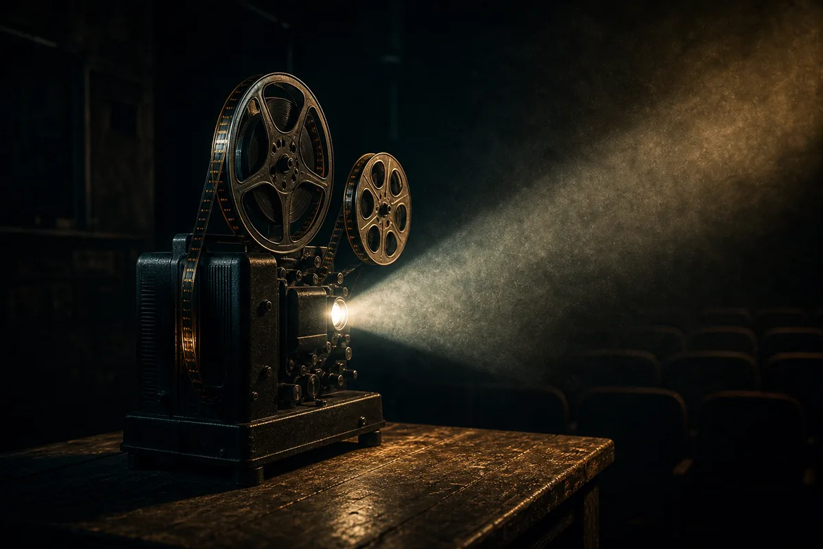 Projecteur de film ancien dans une salle de cinéma plongée dans l’ombre