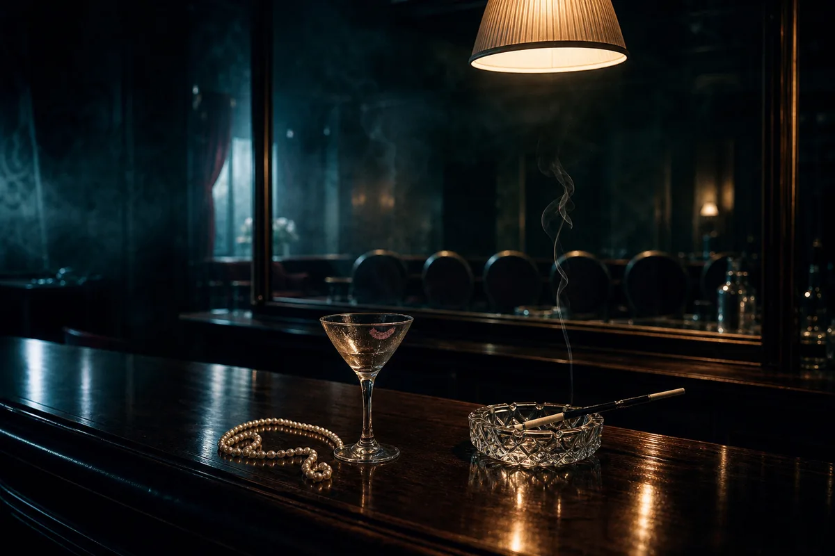 Comptoir de bar désert la nuit, ambiance glamour et fatale tamisée