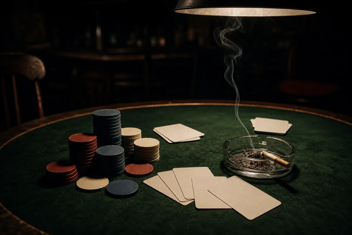 Table de jeu vintage à Montmartre, cartes et jetons dans la pénombre
