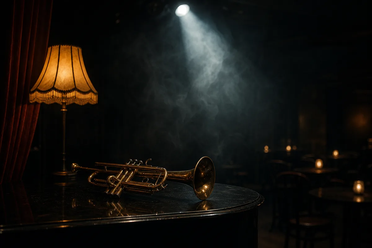Trompette posée sur un piano dans un club de jazz désert et enfumé